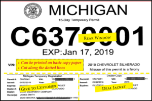 sample of new 15-day temporary plate permit